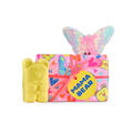 Mama Bear gift. A rectangular gift wrapped in pink heart, bear and butterfly paper, a yellow bear-shaped bath bomb, and a pastel-coloured butterfly bath bomb, tied with a pink ribbon.