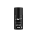 Pansy. A short, cylindrical black push-up tube of the Pansy solid perfume with a black label on the front covering the cap, with the product name and scent printed on it.