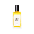 A glass perfume bottle filled with canary yellow liquid. A white label reads 'Rose Jam'.